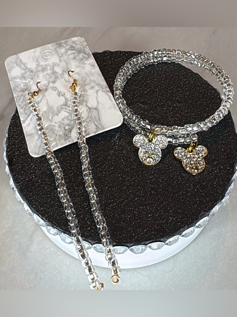 Clear Glass Beaded Bracelet & Earrings Set With Gold Mickey Charms
